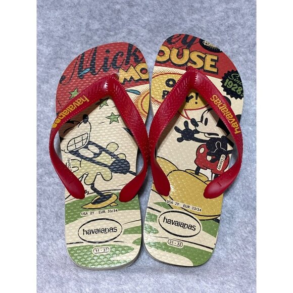 Havaianas Flip Flops Disney Mickey Mouse Minnie Youth Size 2Y Sandals Red Green - Picture 1 of 4